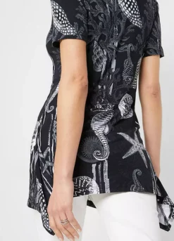 Printed Hanky Hem Tunic -Mesh Sleeve Shop Printed Hanky Hem Tunic923798FRSP W03