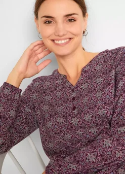 Printed Henley Top -Mesh Sleeve Shop Printed Henley Top944981FRSP W02