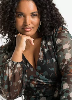 Printed Wrap Dress -Mesh Sleeve Shop Printed Wrap Dress921008FRSB W01