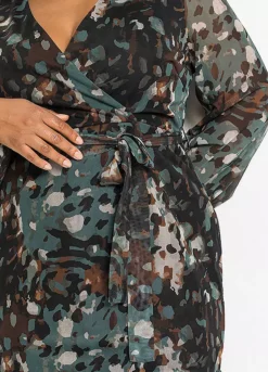 Printed Wrap Dress -Mesh Sleeve Shop Printed Wrap Dress921008FRSB W02