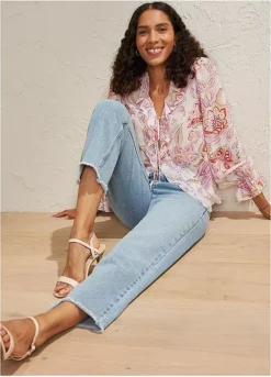 Raw Hem Mom Jeans -Mesh Sleeve Shop Raw Hem Mom Jeans931816FRSL