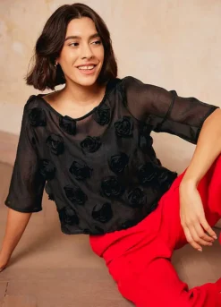 Rose Applique Blouse -Mesh Sleeve Shop Rose Applique Blouse919540FRSL
