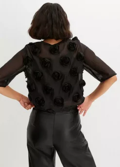 Rose Applique Blouse -Mesh Sleeve Shop Rose Applique Blouse919540FRSP W01