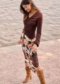 Ruched Detail V-Neck Long Sleeve Top -Mesh Sleeve Shop Ruched Detail V Neck Long Sleeve Top962435FRSL