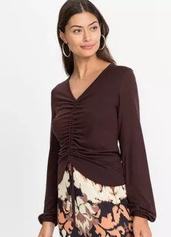 Ruched Detail V-Neck Long Sleeve Top