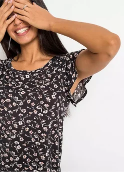 Ruffle Sleeve Floral T-Shirt -Mesh Sleeve Shop Ruffle Sleeve Floral T Shirt978765FRSP W02