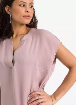 Satin Henley Blouse -Mesh Sleeve Shop Satin Henley Blouse958542FRSP W02