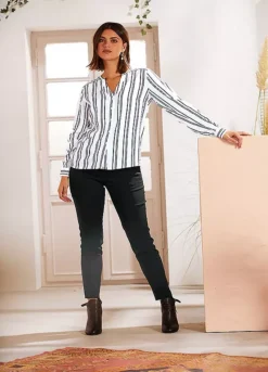 Stripy Button Blouse -Mesh Sleeve Shop Stripy Button Blouse929686FRSL