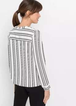 Stripy Button Blouse -Mesh Sleeve Shop Stripy Button Blouse929686FRSP W01