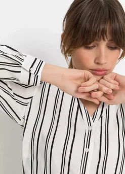 Stripy Button Blouse -Mesh Sleeve Shop Stripy Button Blouse929686FRSP W02