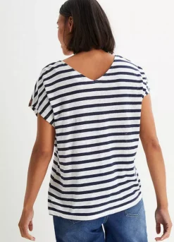 Stripy Linen T-Shirt -Mesh Sleeve Shop Stripy Linen T Shirt956561FRSP W01