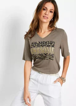 V-Neck Glitter Print T-Shirt