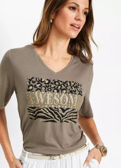 V-Neck Glitter Print T-Shirt -Mesh Sleeve Shop V Neck Glitter Print T Shirt913415FRSP W02