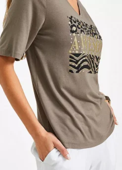 V-Neck Glitter Print T-Shirt -Mesh Sleeve Shop V Neck Glitter Print T Shirt913415FRSP W03